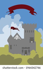 A grey castle amid a cloudy blue sky among green bushes. Flat illustration. Vector tower with flag. Cover for the book. A children's tale. Little palace. Fairy tale house. 