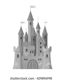 Grey castle in a flat style on white background. The castle with lots of towers. Cartoon stone castle. Vector illustration.