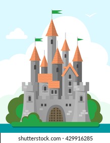 Grey castle with red roof in a flat style on white background. The castle with lots of towers on green island. Cartoon stone castle. Vector illustration.