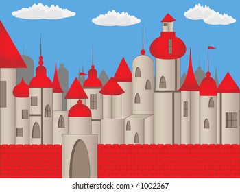 Grey castle with red roofs