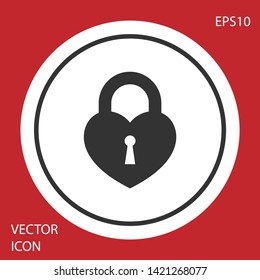 Grey Castle in the shape of a heart icon isolated on red background. Locked Heart. Love symbol and keyhole sign. White circle button. Vector Illustration