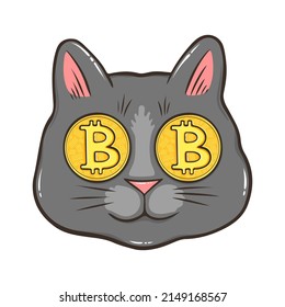 Gato gris con ojos de bitcoin diseño dibujado a mano para alguien que ama los gatos y la moneda cripto. Diseño de criptografía divertida