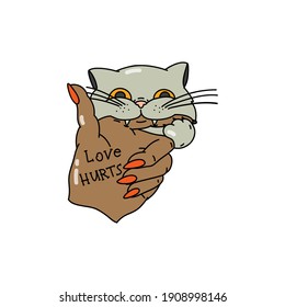 The grey cat bites a woman's hand. Phrase - "Love hurts." Valentine day concept. Linear doodle style. Vector on isolated white background. For printing on cards, invitations, tattoos, fashion design.