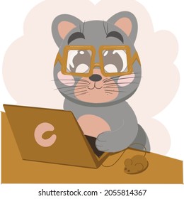 Grey cat with brown laptop 