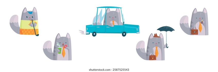 Grey Cat Businessman Character in Formal Tie Vector Set