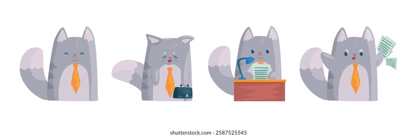 Grey Cat Businessman Character in Formal Tie Vector Set