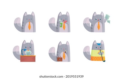Grey Cat Businessman Character in Tie Eating Doughnut and Playing Golf Vector Set