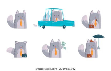 Grey Cat Businessman Character in Tie Driving Car and Standing with Briefcase Vector Set