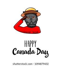 Grey cat. Canada day card. Cat wearing in form of the Royal Canadian Mounted Police. Cute pet portrait. Greeting card. Vector illustration.