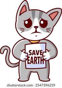 grey cat carrying the slogan save the earth Vector Illustration Icon. Flat Cartoon Style