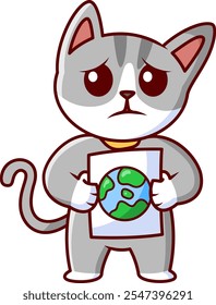 gato cinzento carregando o slogan salvar o mundo Ícone Ilustração Vetor. Estilo de Desenho Animado Plano