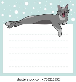 Grey cat. Cats on winter New Year's background. Christmas card with text frame for your text. Vector illustration.