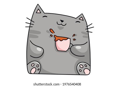 Grey cat with a cup of tea.