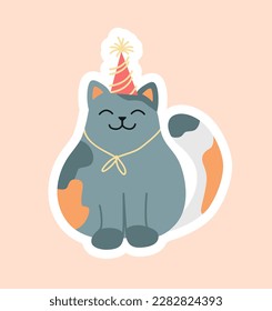 Grey cat with festive hat sticker. Holiday and festival. Spotted kitten wait gift or present. Happy and cheerful pet. Design element for greeting postcard. Cartoon flat vector illustration