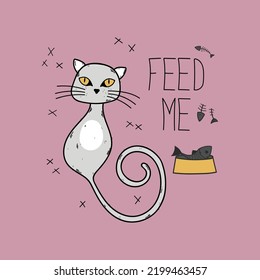 Grey cat with food bowl and fish bones on pink background. Flat vector kitten illustration with typography on pink background. An elegant sitting kitty with a long tail, whiskers, and yellow cat eyes.