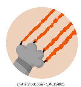 Grey cat foot. cut a scratch with a blood trail. the hand of the animal in the circle. aggression and injuries. the evil behavior of a pet - Cartoon flat illustration