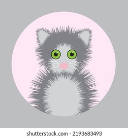 A grey cat with green eyes. Cartoon character. Pets. Flat vector stock illustration. Cute grumpy cat. Vector design for cup, book, diary, notebook, cover.
