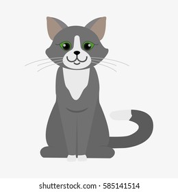 Grey cat with green eyes. Cartoon character. Domestic animal. Flat vector stock illustration