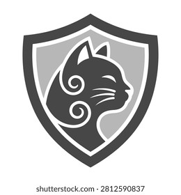 Grey cat head silhouette on shield icon logo symbol graphic