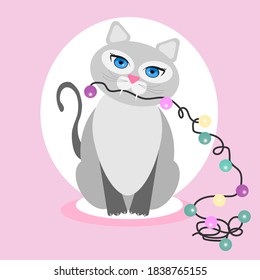 grey cat holds a garland in its teeth. Vector illustration of a cat with blue eyes. Christmas garland, happy new year and merry Christmas.