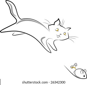 Grey cat hunting a clockwork mouse