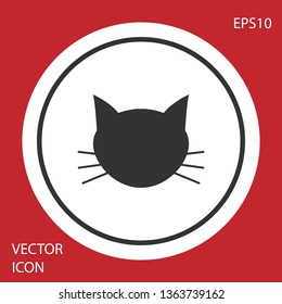 Grey Cat icon isolated on red background. White circle button. Vector Illustration