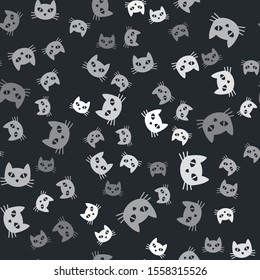 Grey Cat icon isolated seamless pattern on black background.  Vector Illustration