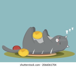 The grey cat lies on the carpet and sleeps on its back. Flat style. Kitty. Animal. Pet. Green background. Stock Vector illustration. Zoo. Take a nap. Rest. Dream. Yarn.