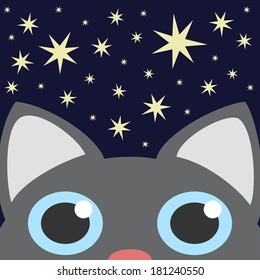 Grey Cat Looking Up In Night Star Sky. Vector illustration