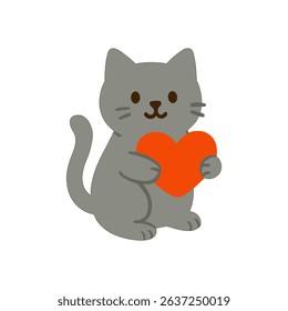 Grey cat lovingly holds heart illustration design element