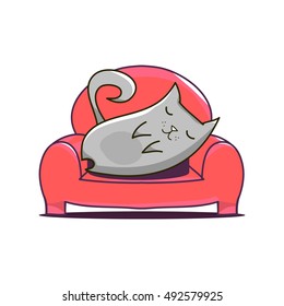 Grey cat lying on red sofa. Vector illustration on a white background. A pet resting on the chair.