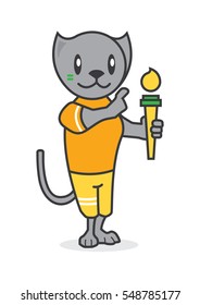 Grey cat mascot design with torch