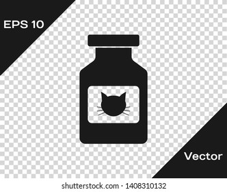 Grey Cat medicine bottle icon isolated on transparent background. Container with pills. Prescription medicine for animal. Vector Illustration