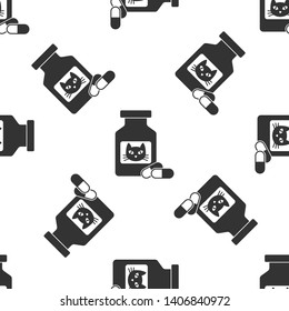 Grey Cat medicine bottle and pills icon isolated seamless pattern on white background. Container with pills. Prescription medicine for animal. Vector Illustration