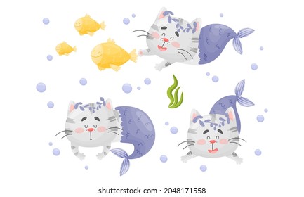 Grey Cat Mermaid with Fish Tail and Floral Wreath Floating on the Ocean Bottom Vector Set