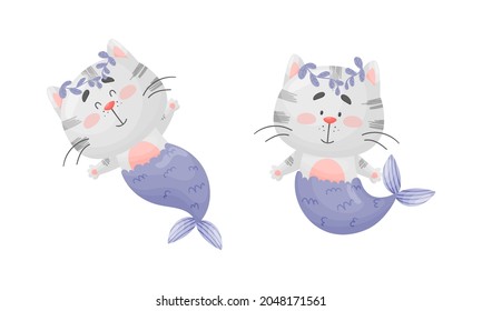 Grey Cat Mermaid with Fish Tail and Floral Wreath Floating on the Ocean Bottom Vector Set