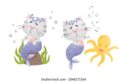 Grey Cat Mermaid with Fish Tail and Floral Wreath Floating on the Ocean Bottom Vector Set