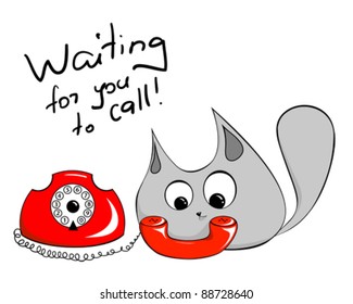 Grey cat next to red vintage telephone waiting for a call (vector illustration)