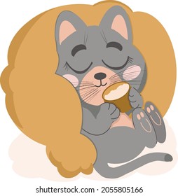 Grey cat on the pillow with cup of milk