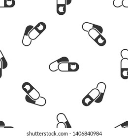 Grey Cat and pills icon isolated seamless pattern on white background. Prescription medicine for animal. Vector Illustration