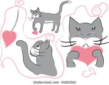 grey cat playing with hearts isolated on white