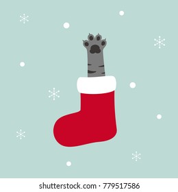 grey cat in red Christmas sock, snowflakes  vector illustration background, kitten cartoon, cat paw wallpaper