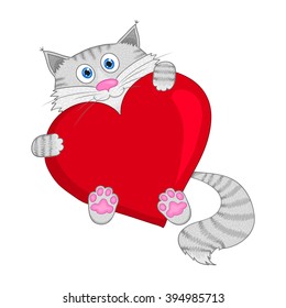 Grey cat with red heart - vector illustration.