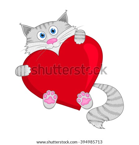 Grey cat with red heart - vector illustration.