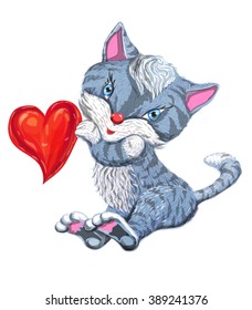 Grey cat with red love heart in the paws, isolated colored illustration, white background, vector