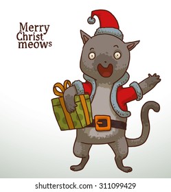 Grey cat in Santa's costume holding a present and waving hand, vector