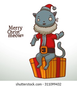 Grey cat in Santa's costume sitting on gift box, vector
