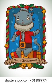 Grey cat in Santa's costume sitting on gift box, Christmas frame for christmas card, vector