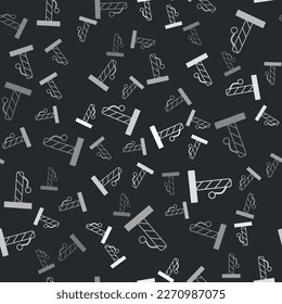 Grey Cat scratching post with toy icon isolated seamless pattern on black background.  Vector