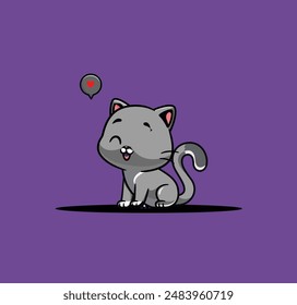 Grey Cat sitting on a mat with dark blue background. Cute cat in cartoon style. Vector for postcard, banner, web, design, arts, etc.